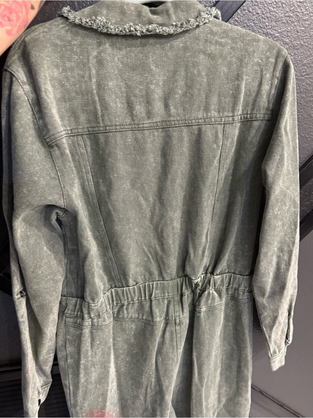 Umgee Olive Green Frayed Collar Utility Jumpsuit - Picture 4 of 7
